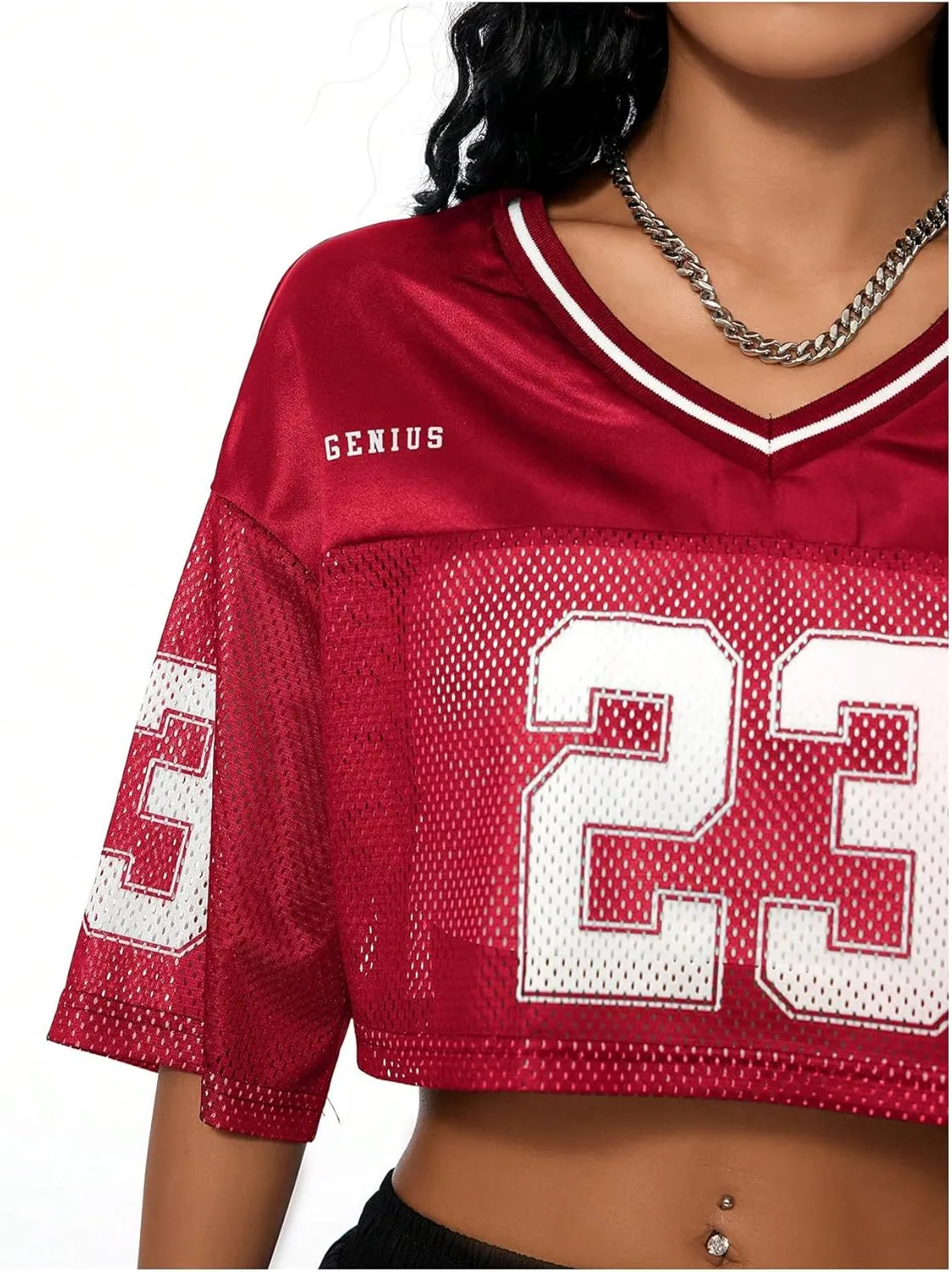 Verdusa Women's Jersey Shirts Hip Hop V Neck Short Sleeve Mesh Crop Top Graphic Tees