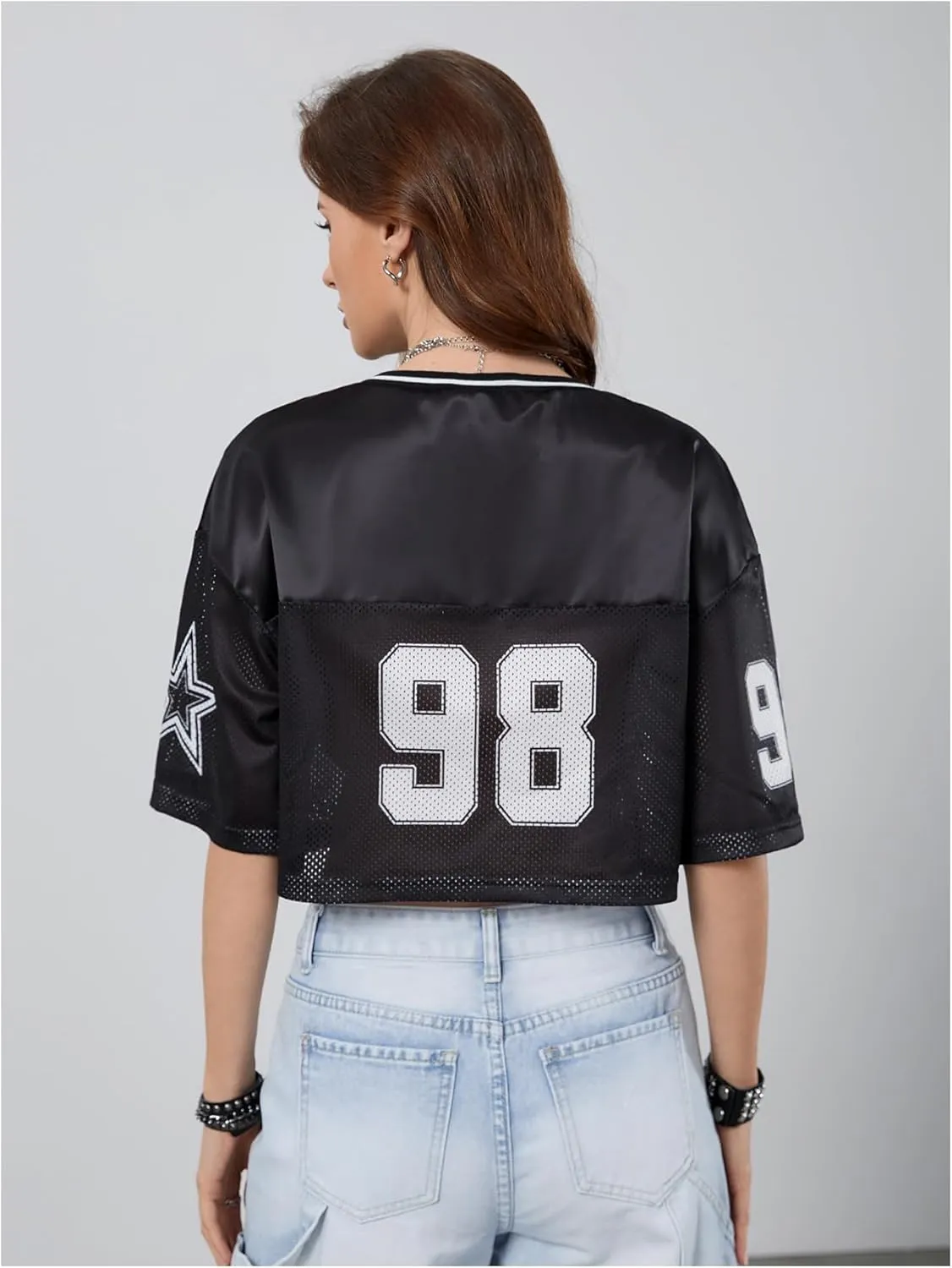 Verdusa Women's Jersey Shirts Hip Hop V Neck Short Sleeve Mesh Crop Top Graphic Tees