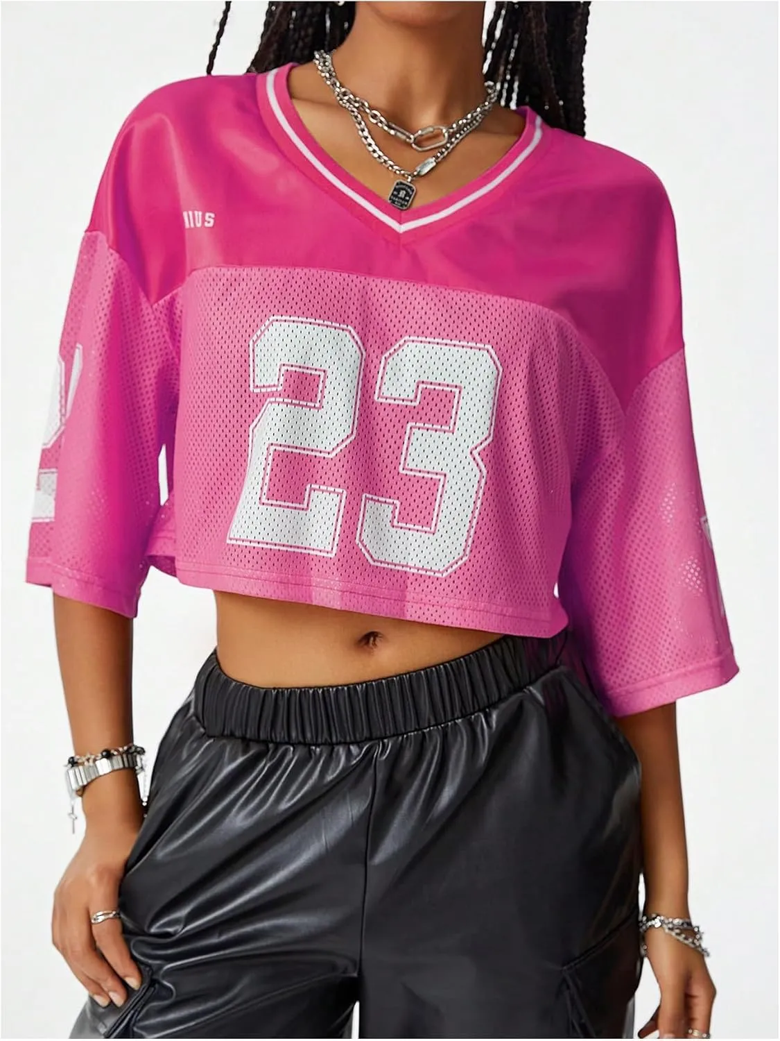 Verdusa Women's Jersey Shirts Hip Hop V Neck Short Sleeve Mesh Crop Top Graphic Tees