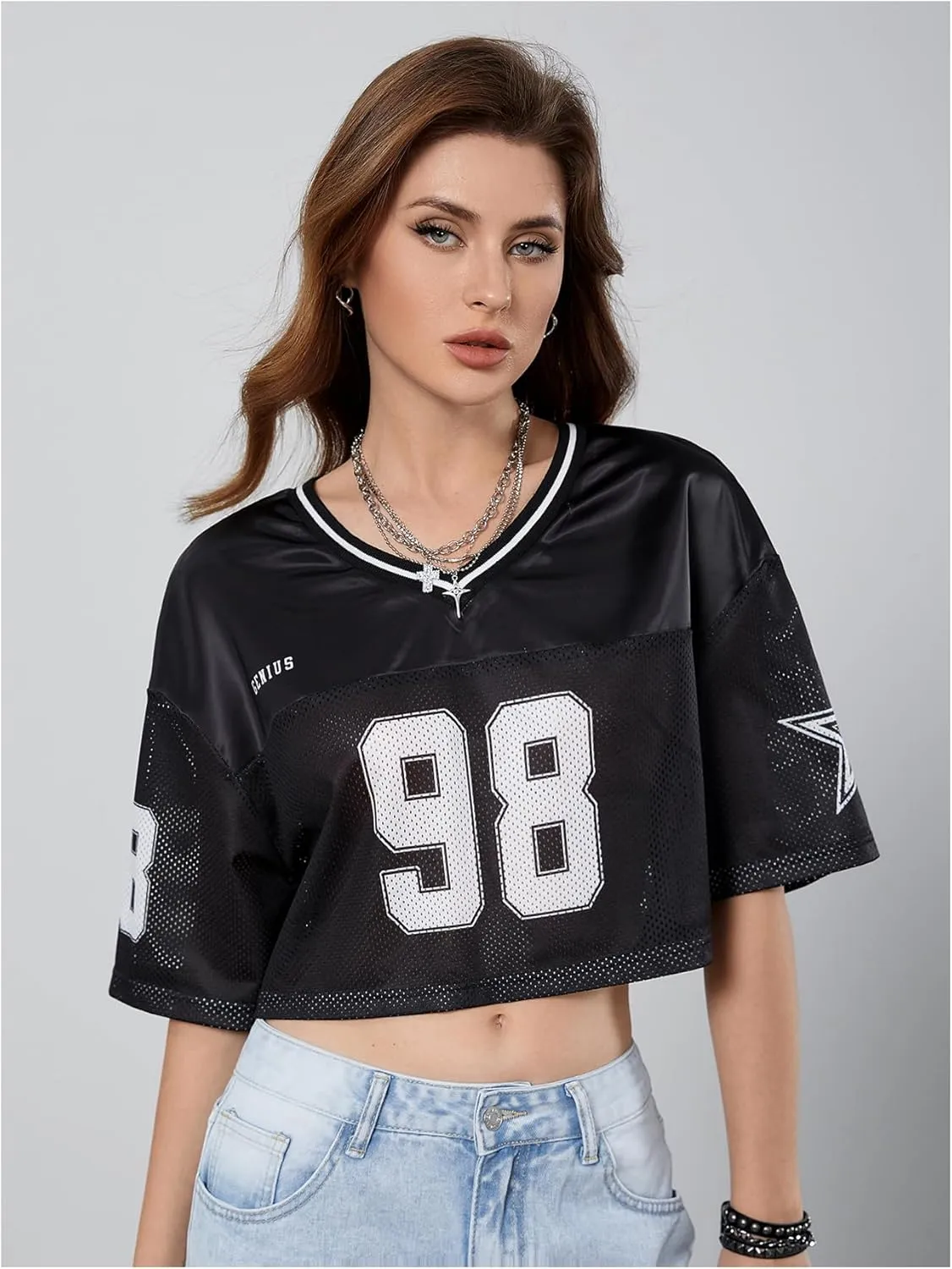 Verdusa Women's Jersey Shirts Hip Hop V Neck Short Sleeve Mesh Crop Top Graphic Tees