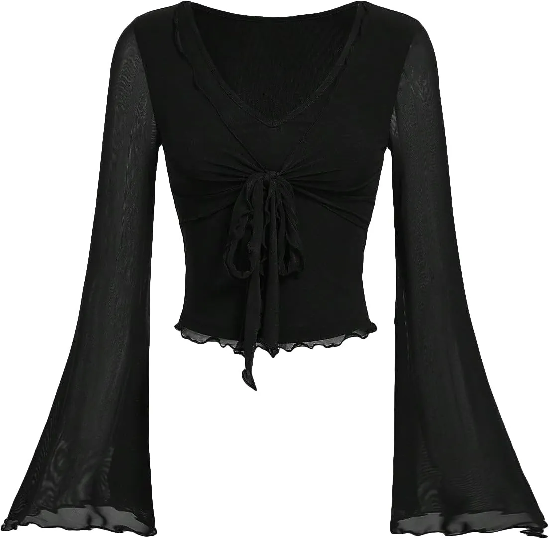 Verdusa Women's Knot Front Flare Bell Long Sleeve Lettuce Trim V Neck Mesh Crop Tee Top