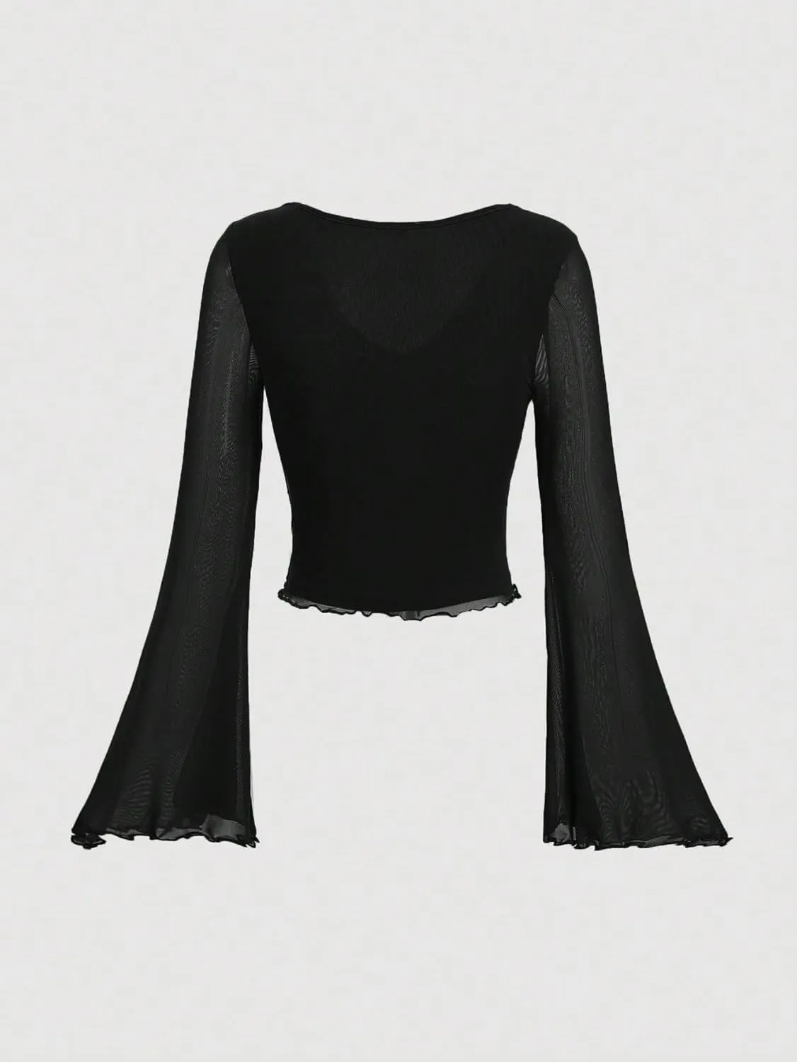 Verdusa Women's Knot Front Flare Bell Long Sleeve Lettuce Trim V Neck Mesh Crop Tee Top