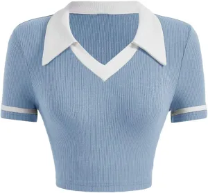 Verdusa Women's Short Sleeve Collar Neck Colorblock Contrast Binding Ribbed Knit Crop Top Shirt