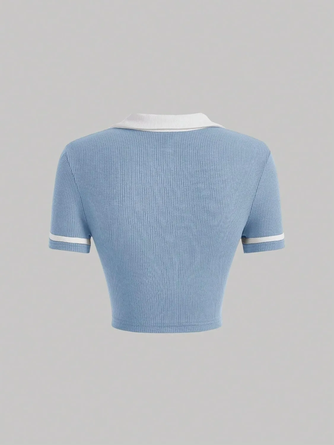 Verdusa Women's Short Sleeve Collar Neck Colorblock Contrast Binding Ribbed Knit Crop Top Shirt