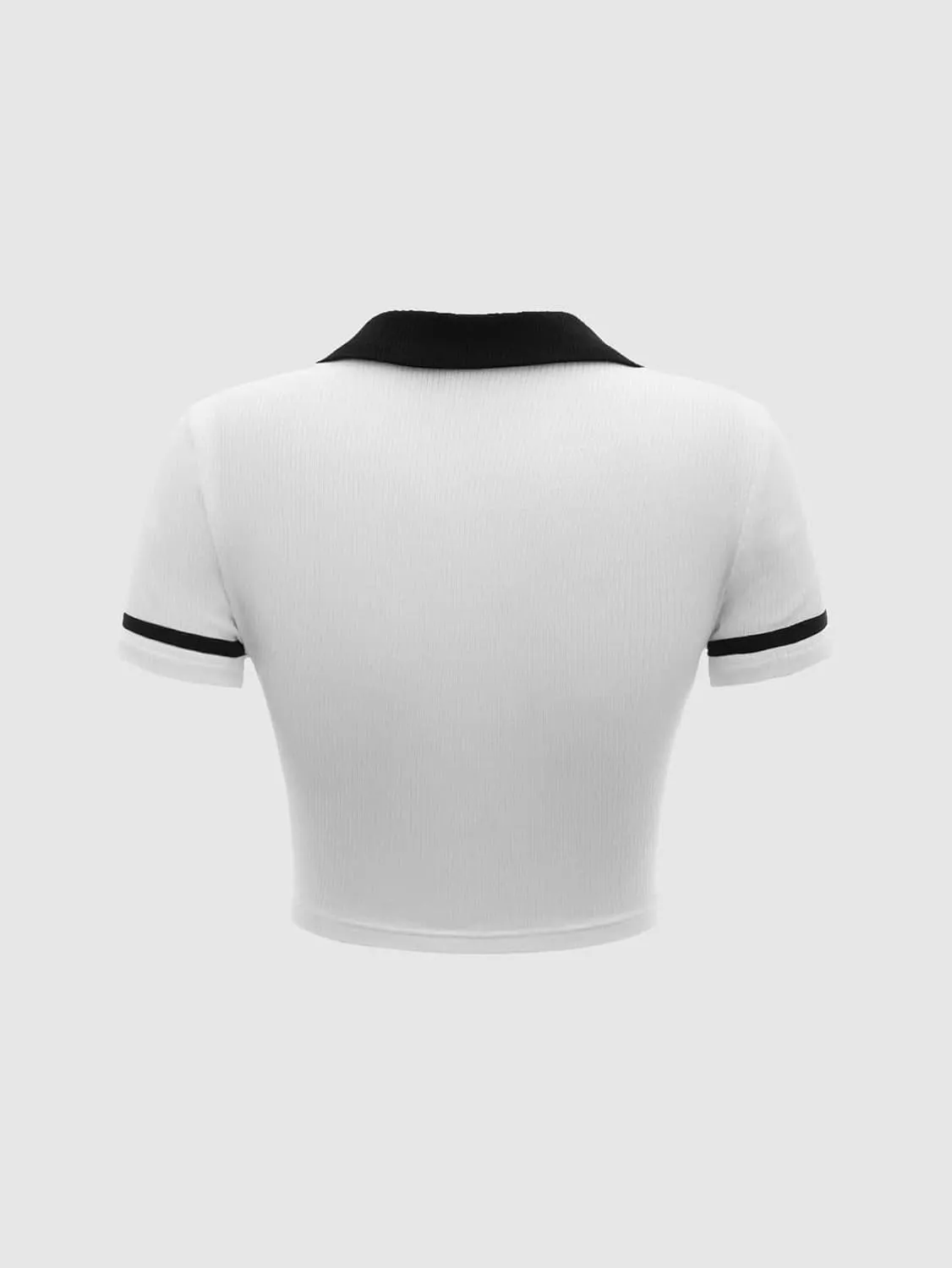 Verdusa Women's Short Sleeve Collar Neck Colorblock Contrast Binding Ribbed Knit Crop Top Shirt