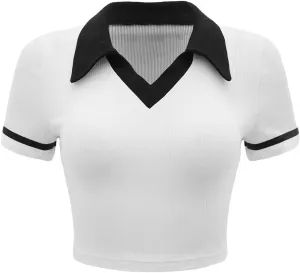 Verdusa Women's Short Sleeve Collar Neck Colorblock Contrast Binding Ribbed Knit Crop Top Shirt