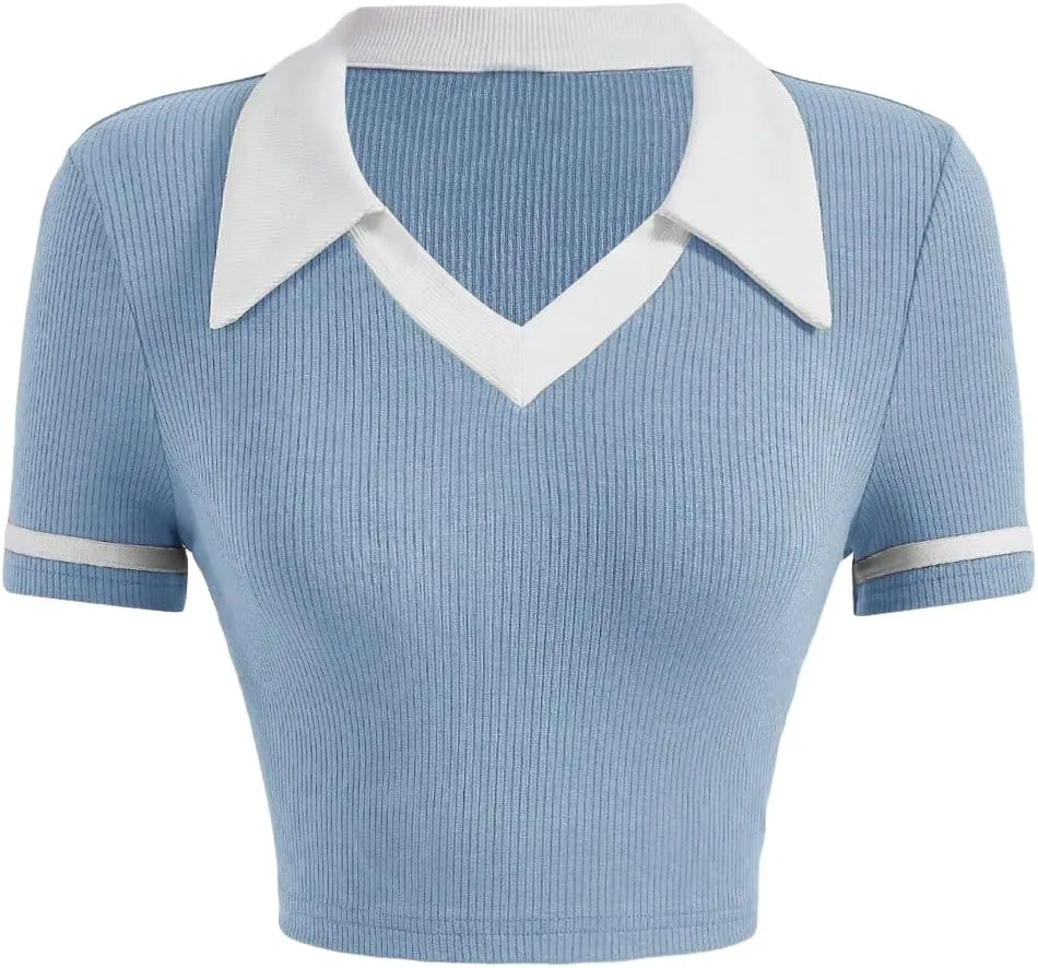 Verdusa Women's Short Sleeve Collar Neck Colorblock Contrast Binding Ribbed Knit Crop Top Shirt