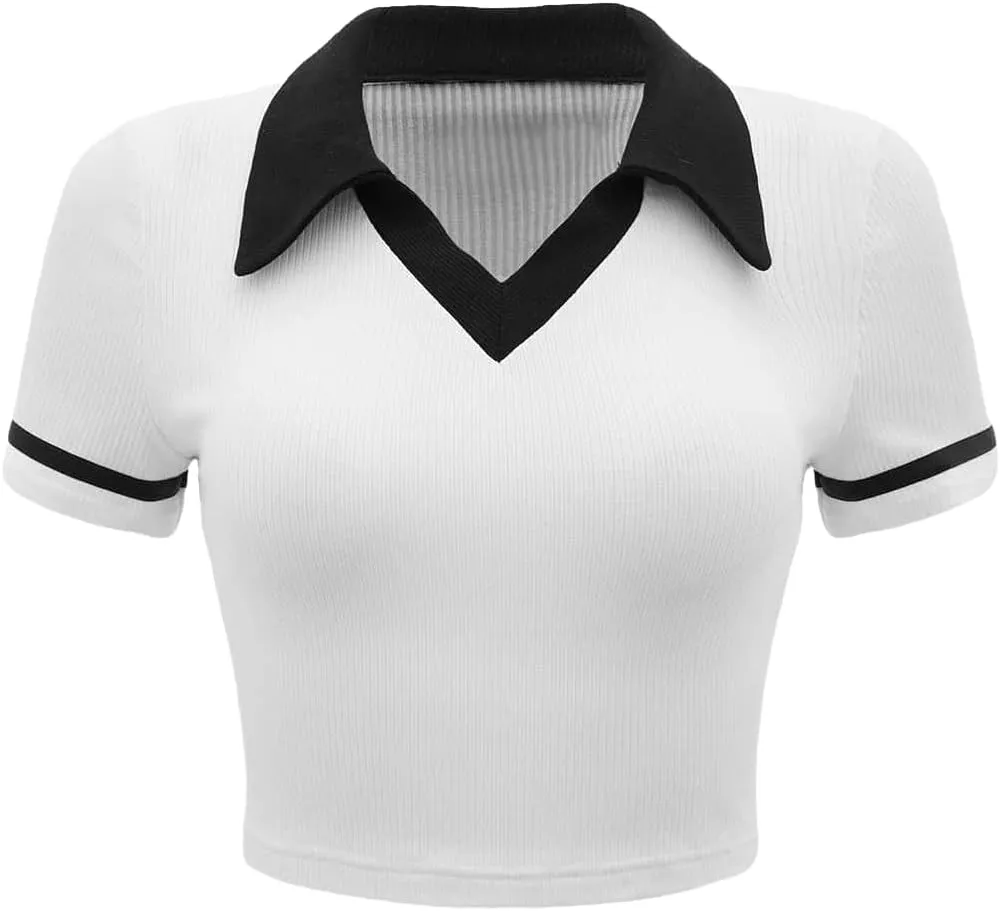 Verdusa Women's Short Sleeve Collar Neck Colorblock Contrast Binding Ribbed Knit Crop Top Shirt