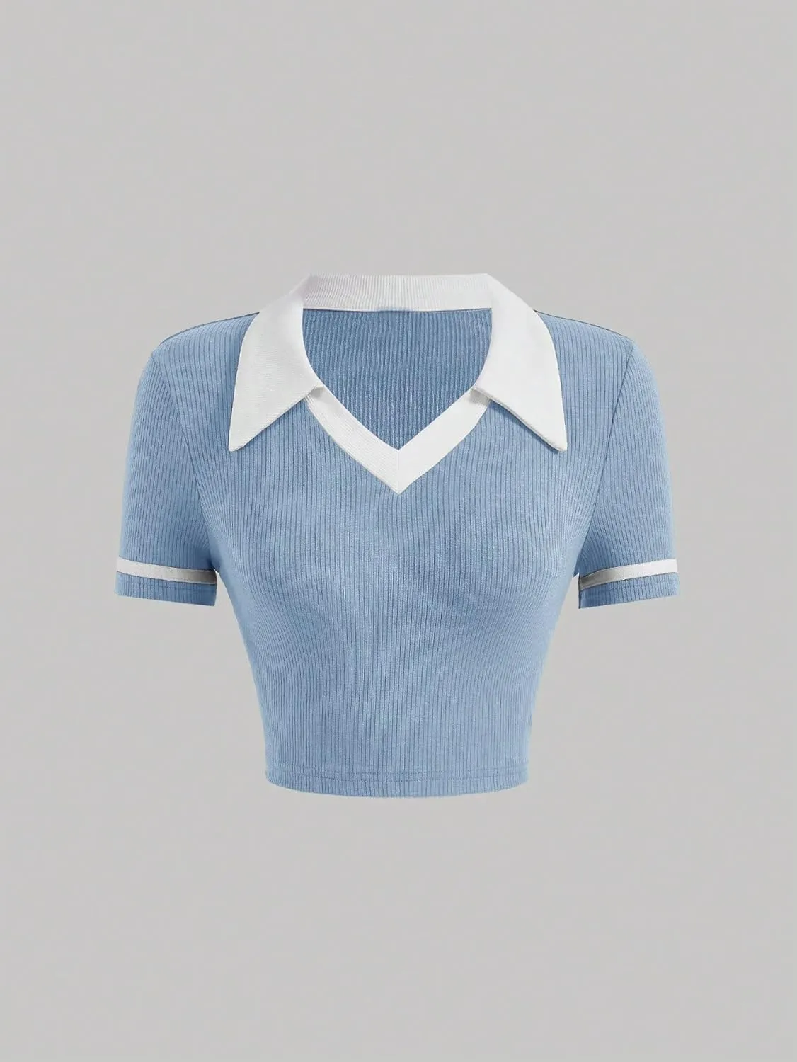 Verdusa Women's Short Sleeve Collar Neck Colorblock Contrast Binding Ribbed Knit Crop Top Shirt