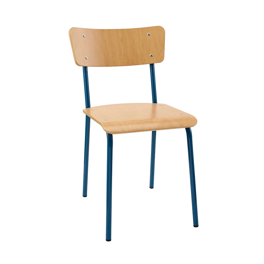 Vintage Industrial Classic School Chair In Natural Beech And Blue