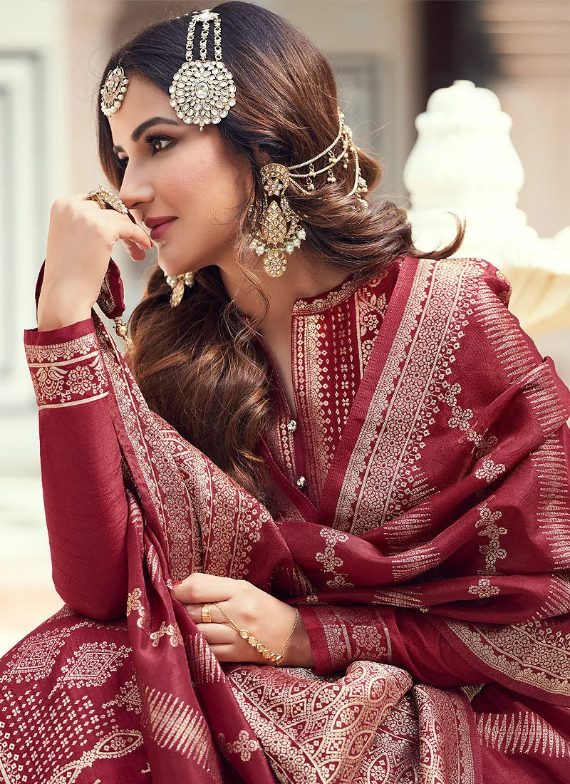 Viscose Maroon Pakistani Style Embroidered Designer Suit