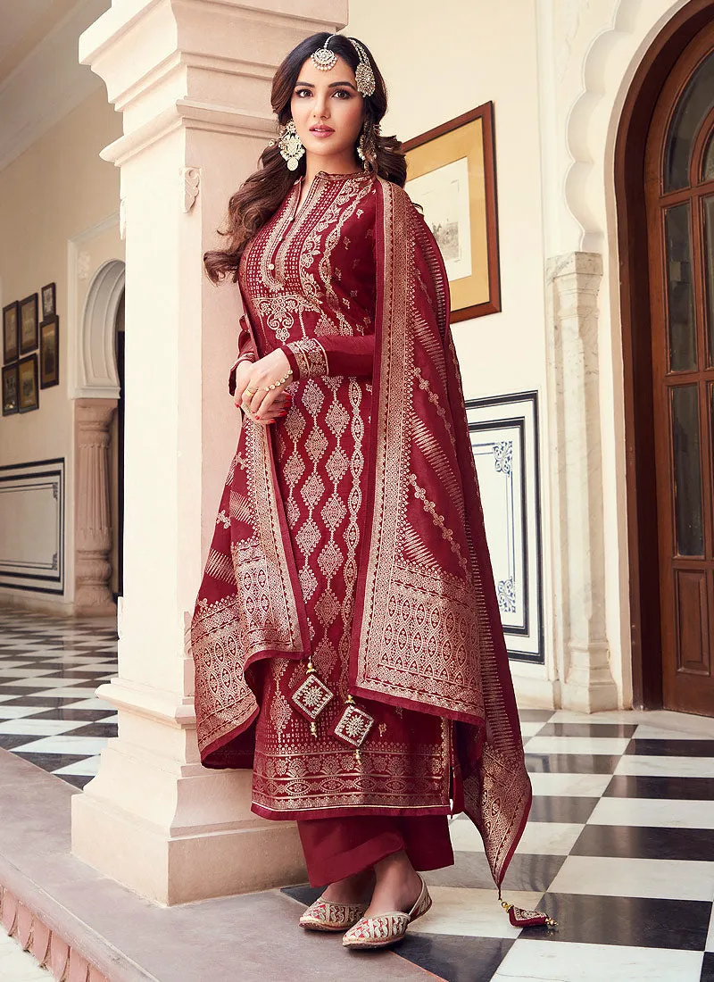 Viscose Maroon Pakistani Style Embroidered Designer Suit