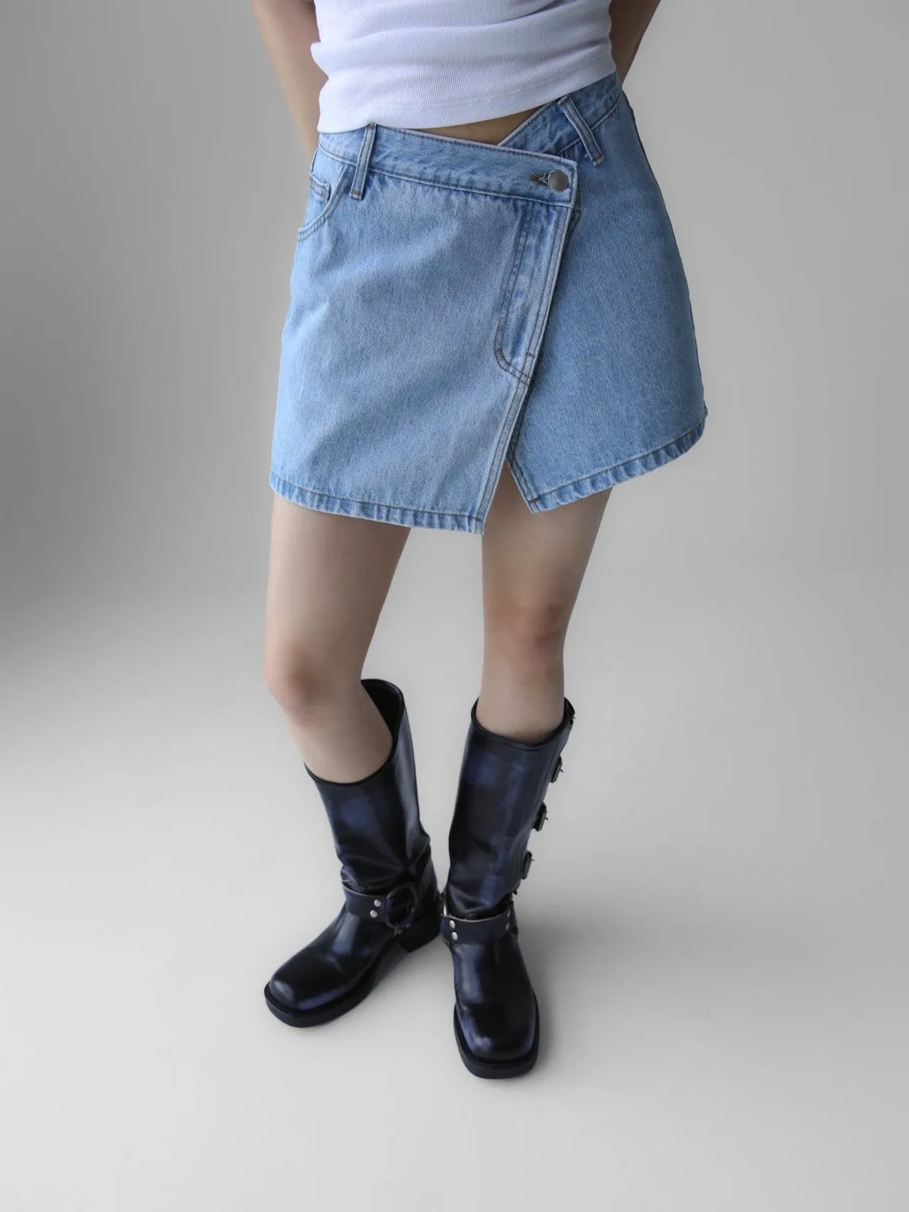 WASHED DENIM WRAP SKIRT