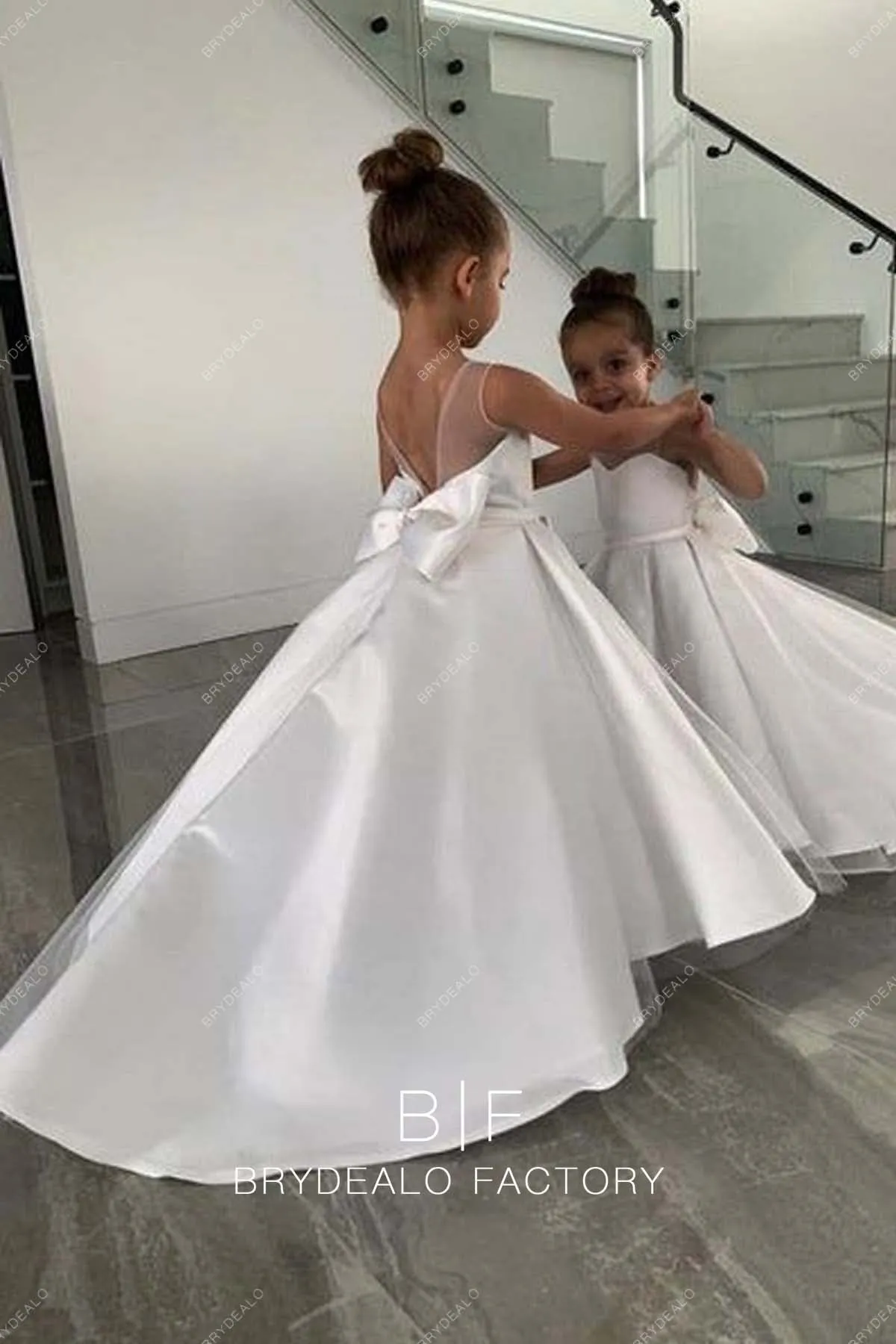 White Mikado Designer V-back Ball Gown Flower Girl Dresses