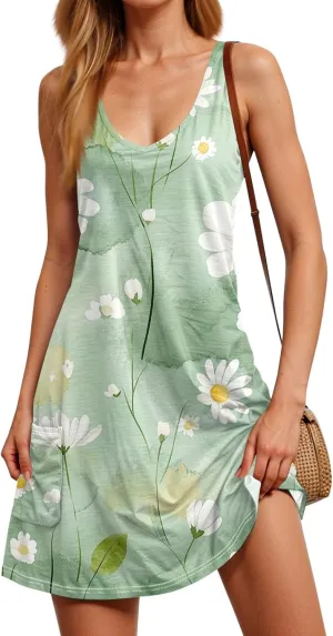 Women Summer Dresses Printed Beach Swimsuit Coverup Sleeveless 2025 Sundress V Neck Casual Dress with Pocket