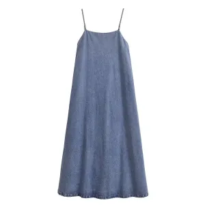 Women's Denim Camisole Dress Sleeveless Suspender A-line Loose Fit Pleated Back