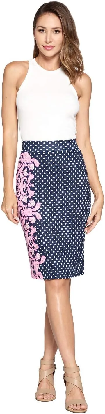 Women's High Waist Knit Stretch Multi Print Office Pencil Skirt (S-3XL) -Made in USA