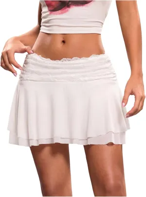 Women's Lace Mesh Y2K Going Out Skirts Layered Ruched Ruffle Low Waist Mini Skirt Coquette Streetwear Skirt Skort
