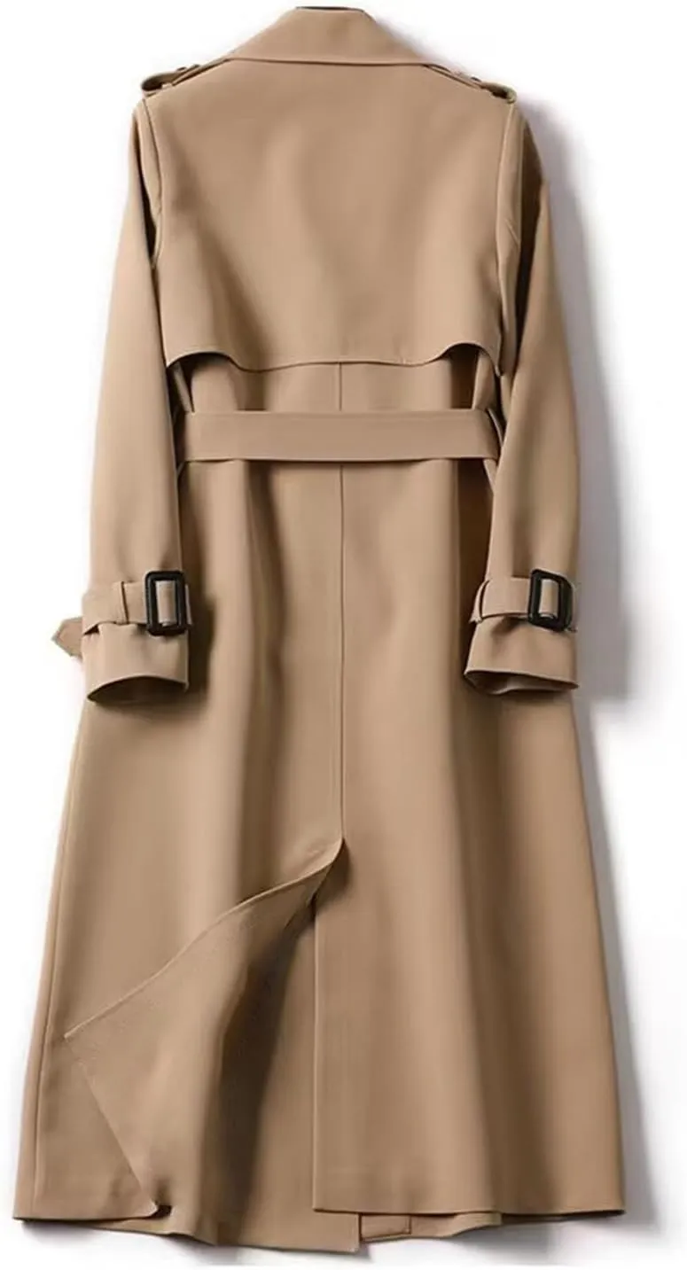 Womens Long Trench Coat Casual Slim Windbreaker Jacket Windproof Double Breasted Lapel Overcoat with Belt