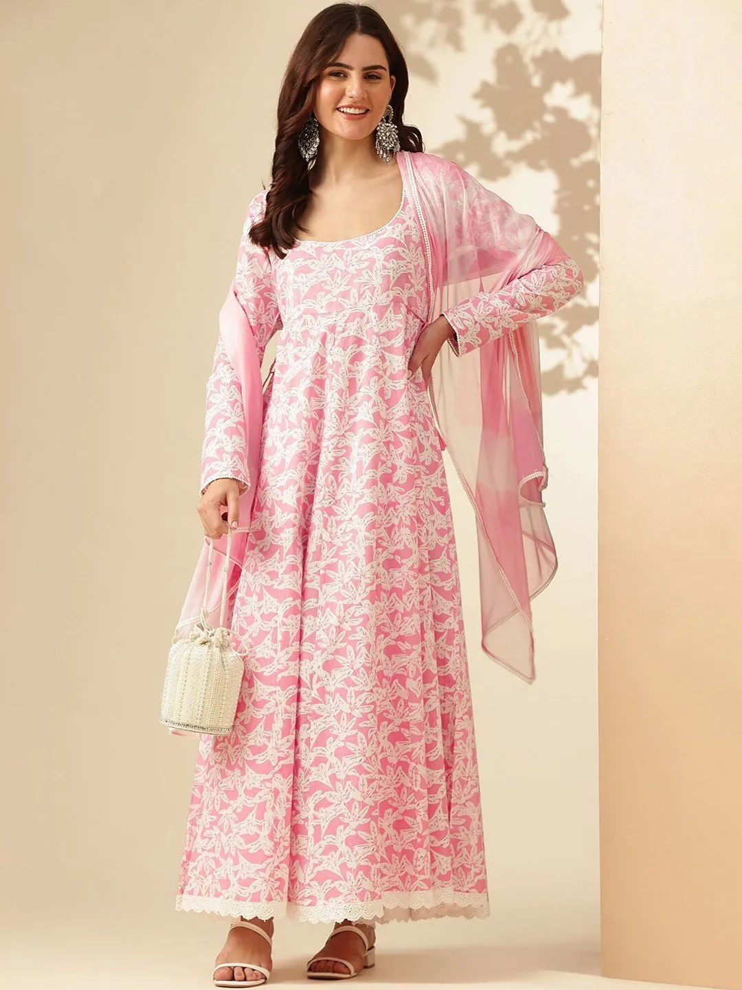 Women's Pastel Pink & White Floral Printed Anarkali Kurta with Dupatta