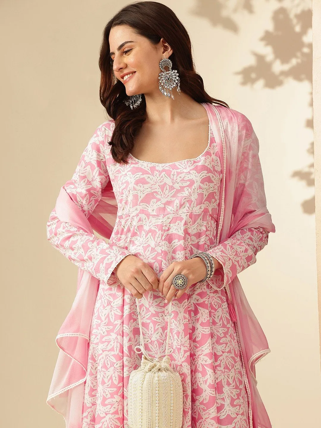 Women's Pastel Pink & White Floral Printed Anarkali Kurta with Dupatta