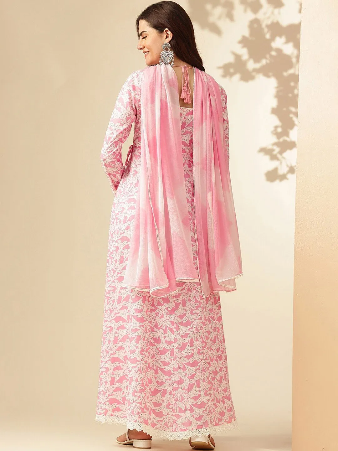 Women's Pastel Pink & White Floral Printed Anarkali Kurta with Dupatta