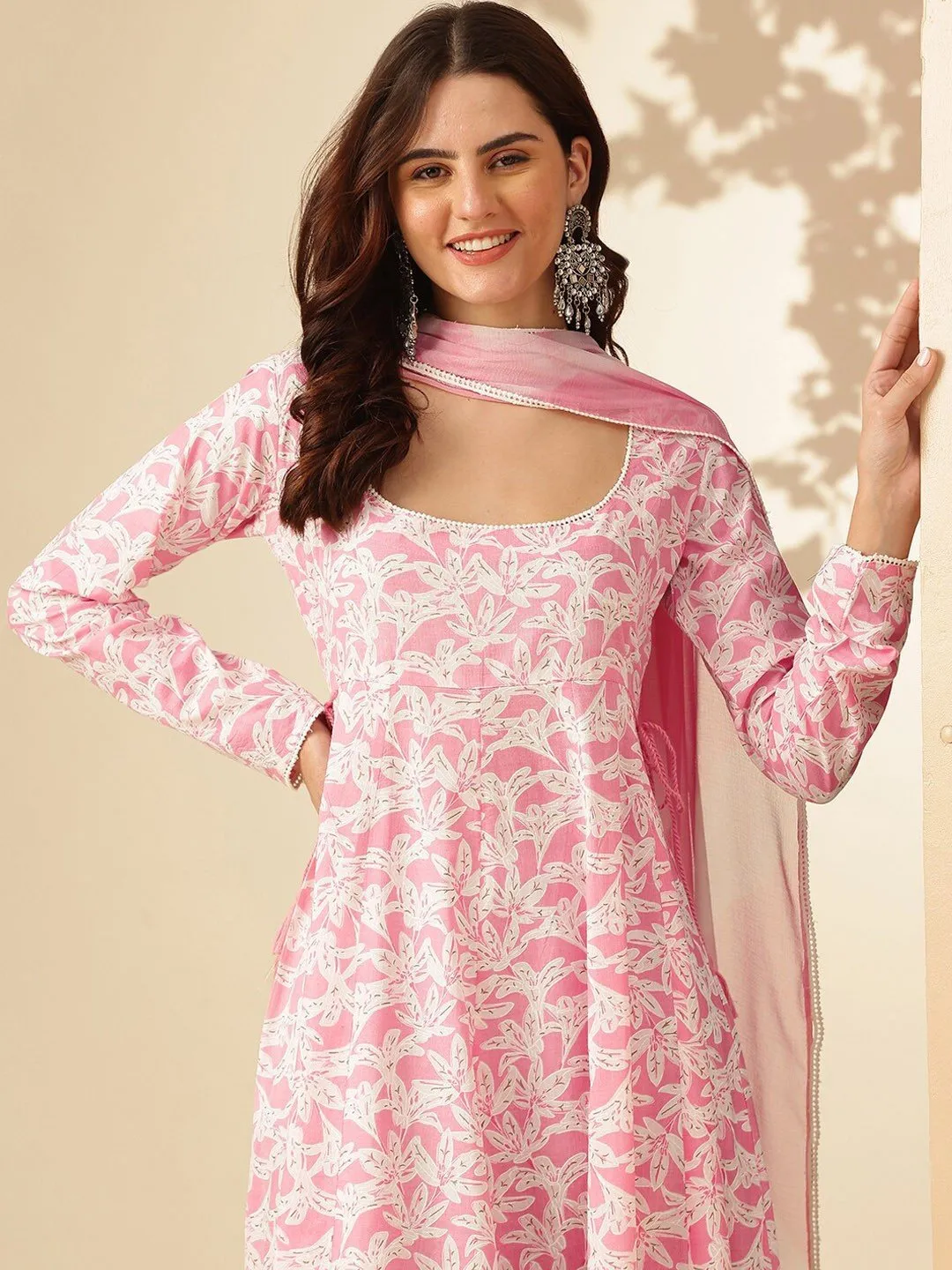 Women's Pastel Pink & White Floral Printed Anarkali Kurta with Dupatta