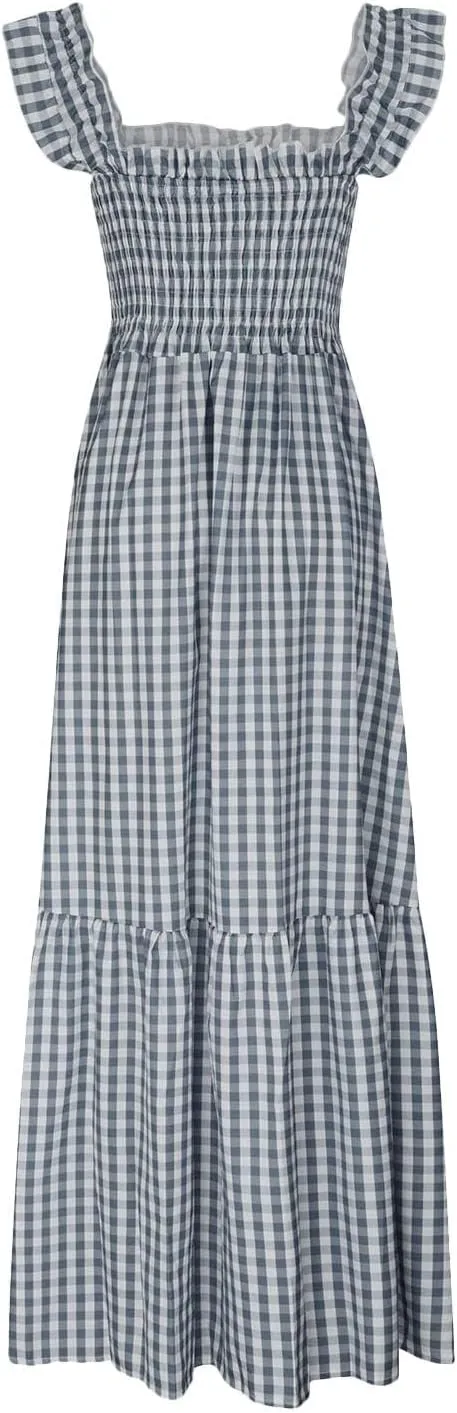 Women's Retro Plaid Smocked Dress Square Neck Spaghetti Strap Summer Boho Ruffle Casual Flowy Beach Maxi Dresses
