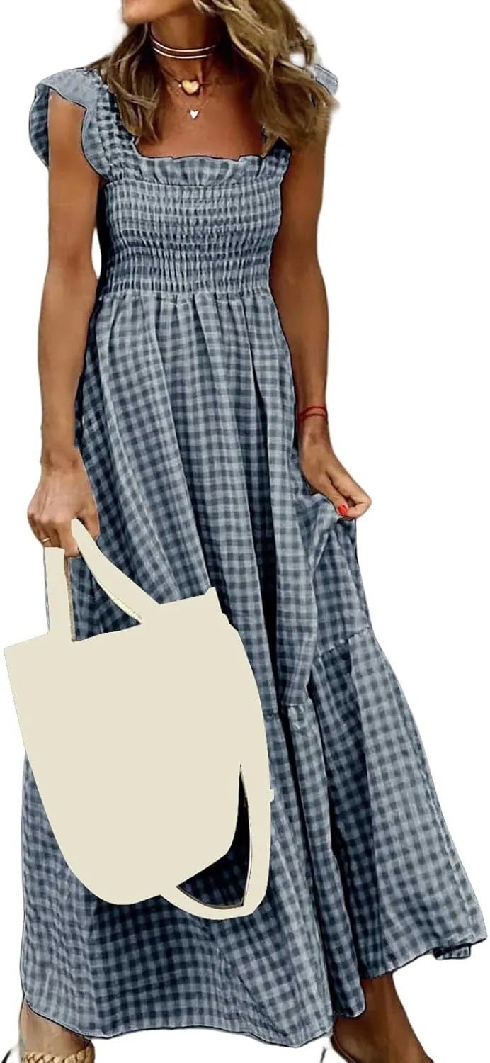 Women's Retro Plaid Smocked Dress Square Neck Spaghetti Strap Summer Boho Ruffle Casual Flowy Beach Maxi Dresses