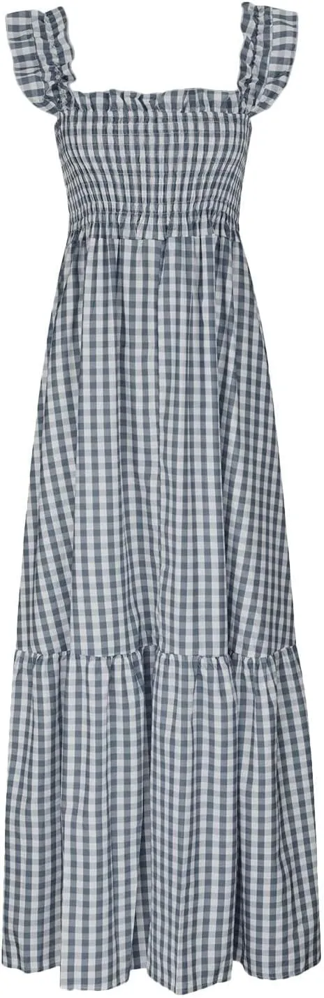 Women's Retro Plaid Smocked Dress Square Neck Spaghetti Strap Summer Boho Ruffle Casual Flowy Beach Maxi Dresses