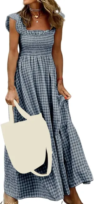 Women's Retro Plaid Smocked Dress Square Neck Spaghetti Strap Summer Boho Ruffle Casual Flowy Beach Maxi Dresses