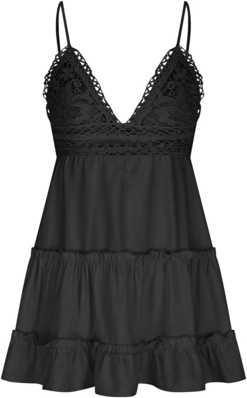 Womens Slip Dresses 2025 Summer V-Neck Spaghetti Strap Skater Dress Bowknot Backless Sleeveless Lace Mini Swing Dress