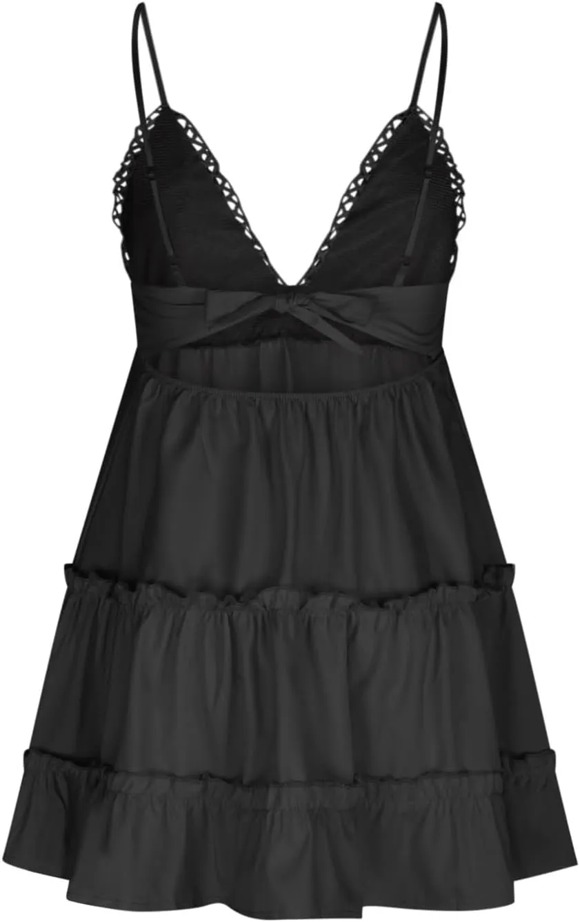 Womens Slip Dresses 2025 Summer V-Neck Spaghetti Strap Skater Dress Bowknot Backless Sleeveless Lace Mini Swing Dress