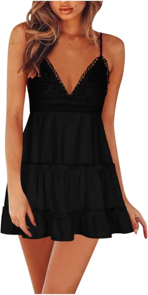 Womens Slip Dresses 2025 Summer V-Neck Spaghetti Strap Skater Dress Bowknot Backless Sleeveless Lace Mini Swing Dress