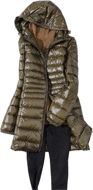Women's Solid Color Mid Length Hooded Down Jacket with Drawstring Slim Fit Portable Outerwear Warmest Winter for