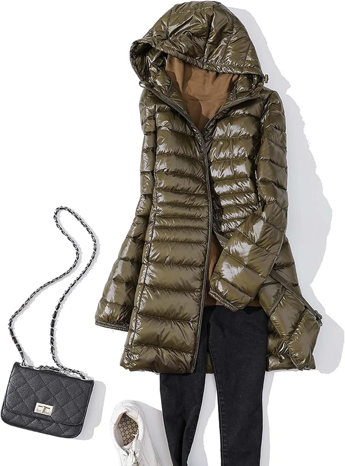 Women's Solid Color Mid Length Hooded Down Jacket with Drawstring Slim Fit Portable Outerwear Warmest Winter for
