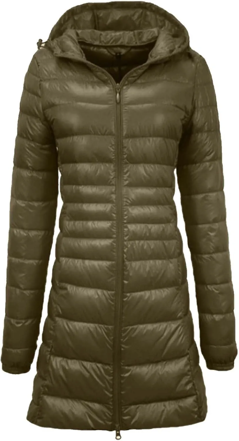 Women's Solid Color Mid Length Hooded Down Jacket with Drawstring Slim Fit Portable Outerwear Warmest Winter for