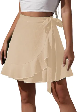 Womens Summer Mini Skirts Casual Side Lace Up High Waisted Tankini Swim Skirts Fashion Tiered Ruffle Hem Swimdress