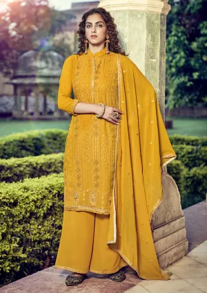 Yellow Swarovski Embroidered Georgette Palazzo Suit