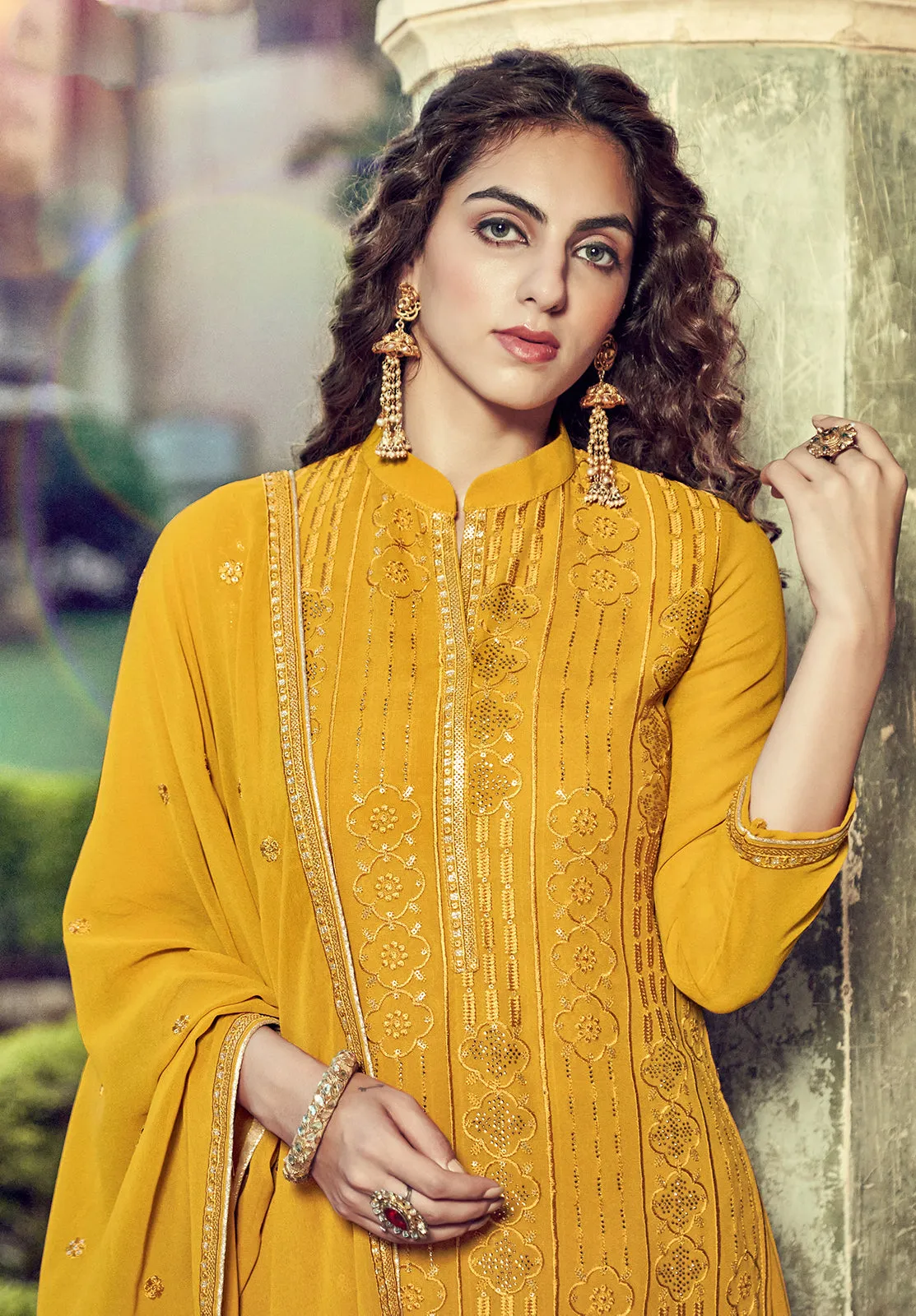 Yellow Swarovski Embroidered Georgette Palazzo Suit
