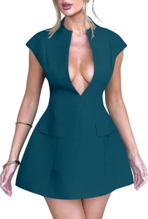 YMDUCH Women's Sexy Deep V Neck Cap Sleeve A-line Mini Club Party Dress