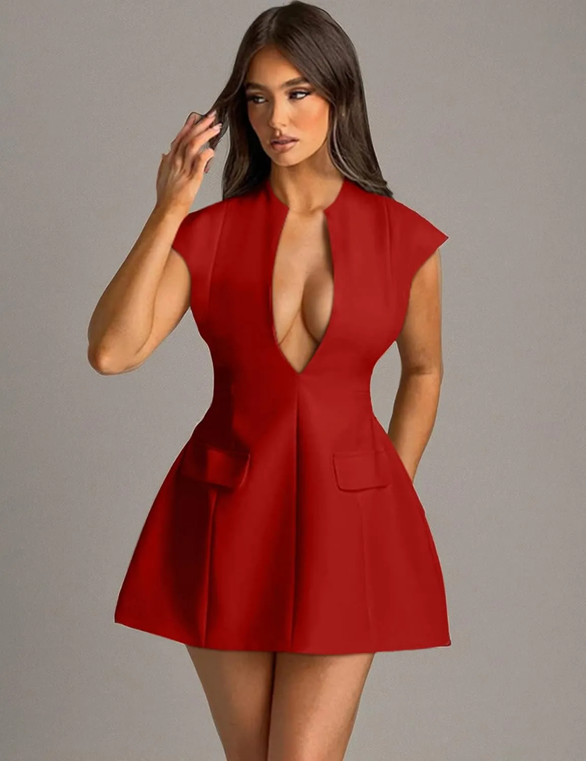 YMDUCH Women's Sexy Deep V Neck Cap Sleeve A-line Mini Club Party Dress