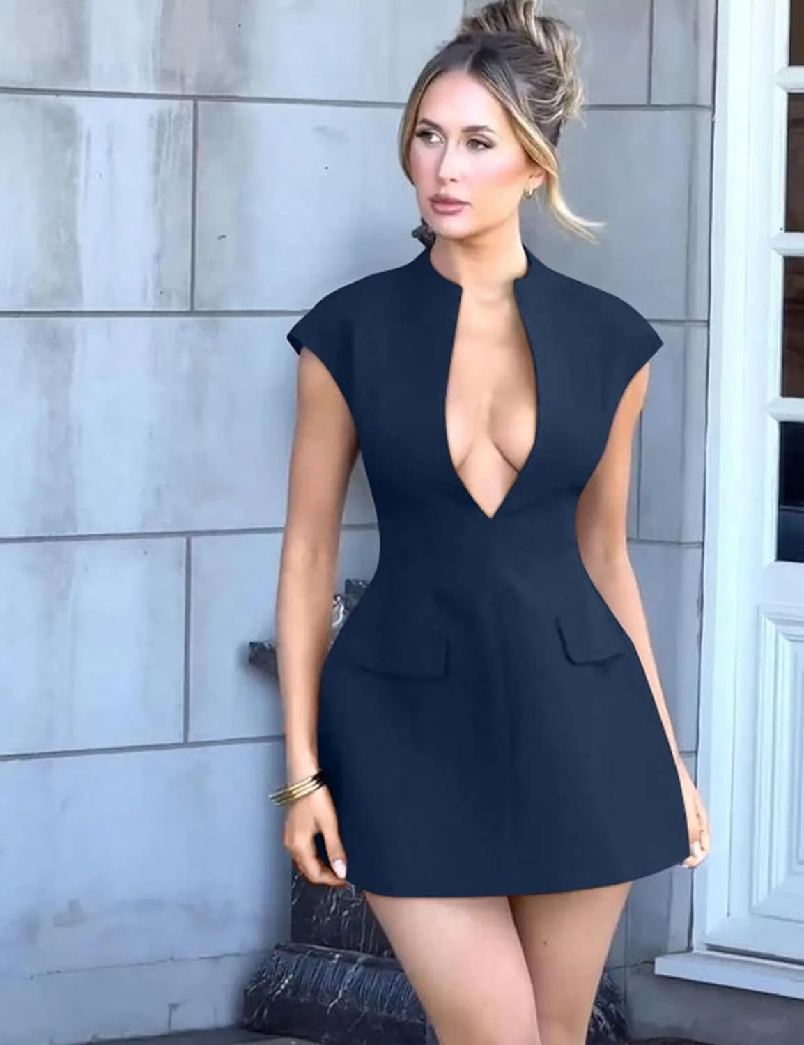 YMDUCH Women's Sexy Deep V Neck Cap Sleeve A-line Mini Club Party Dress