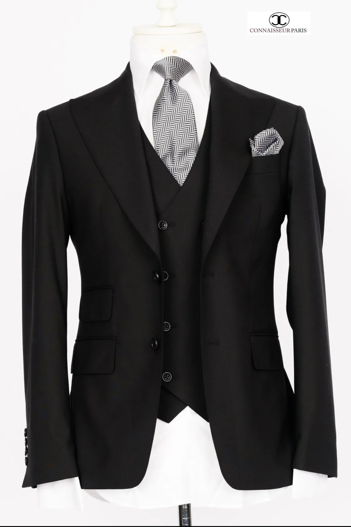 Zignone - Black 3-piece slim fit suit with wide lapel and patch pockets