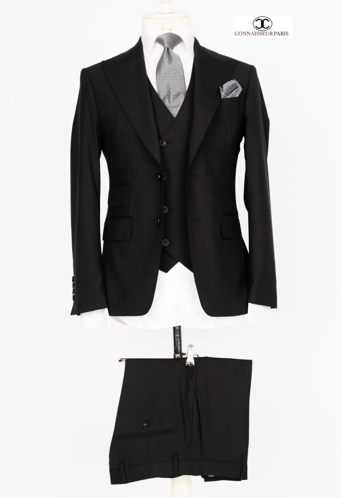 Zignone - Black 3-piece slim fit suit with wide lapel and patch pockets